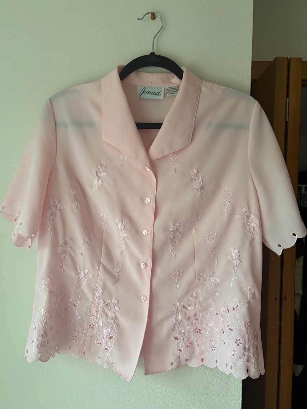 Baby Pink Embroidered & Cut-Out Details Short-Sleeve Button-Up Top